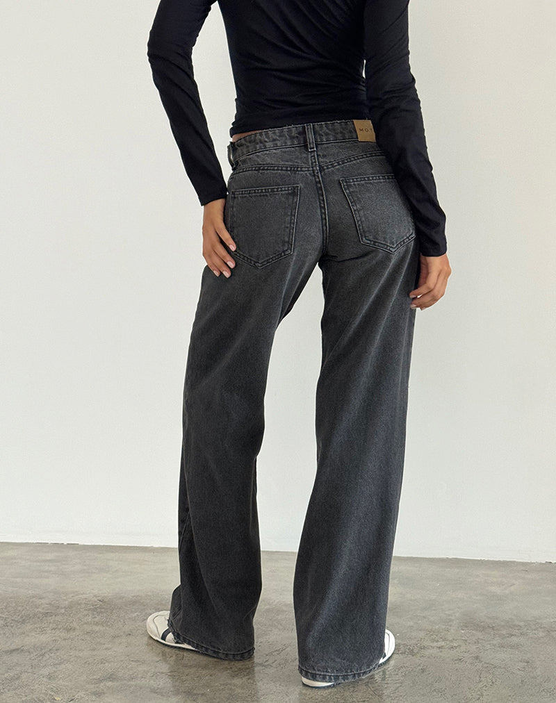 Kvinnojeans med Parallella Ben, Låg Midja, Raka Ben, Tvättad Svartgrå, Femficksdesign