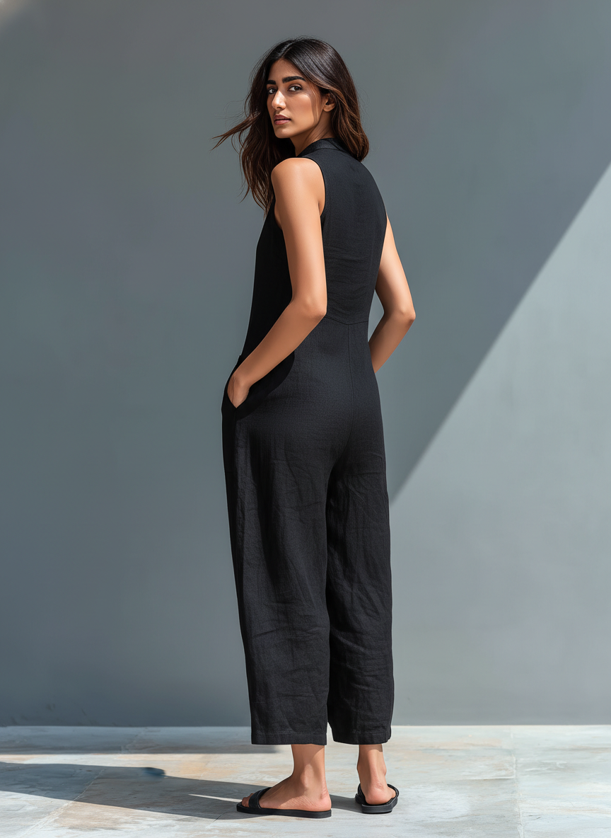 Damjumpsuit Ärmlös Mandarinkrage Framknapp Avslappnad Passform