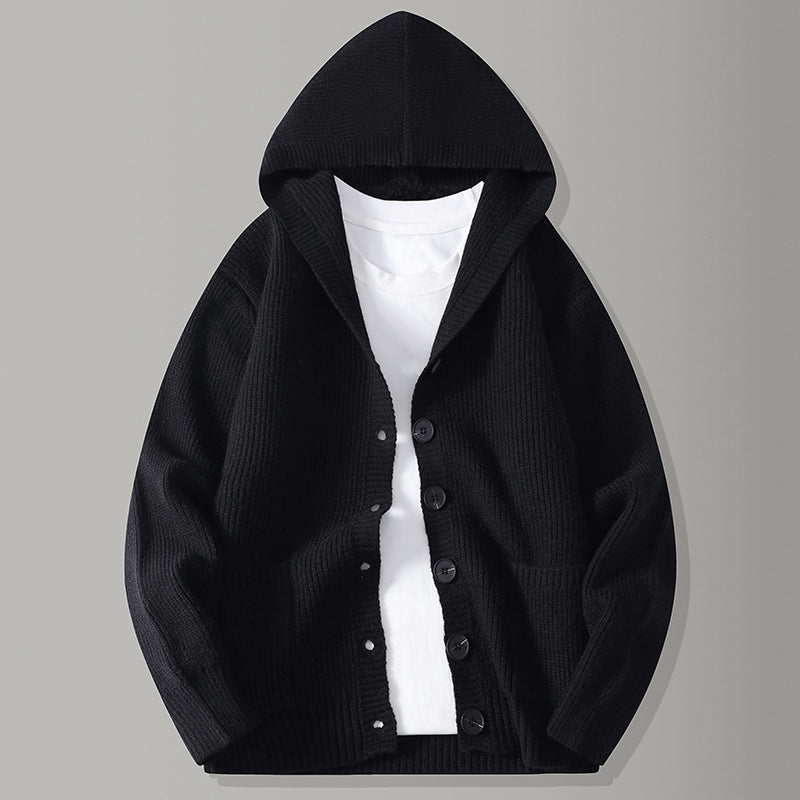 Hoodie-stickad kofta för herr med knappar framtill