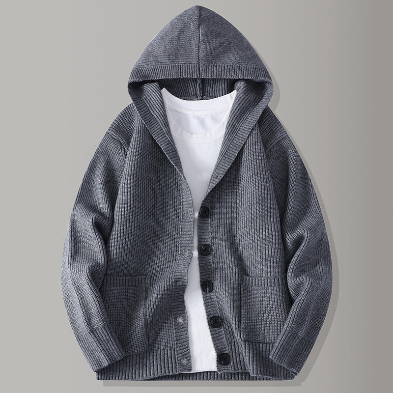 Hoodie-stickad kofta för herr med knappar framtill