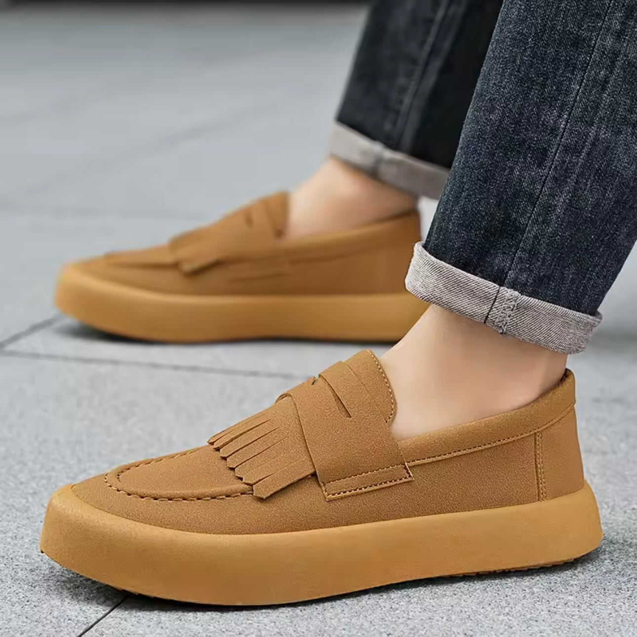 Loafers för Herr i Mocka med Slip-On, Fransar och Vadderad Sula