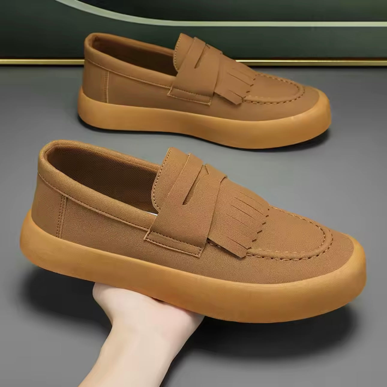 Loafers för Herr i Mocka med Slip-On, Fransar och Vadderad Sula