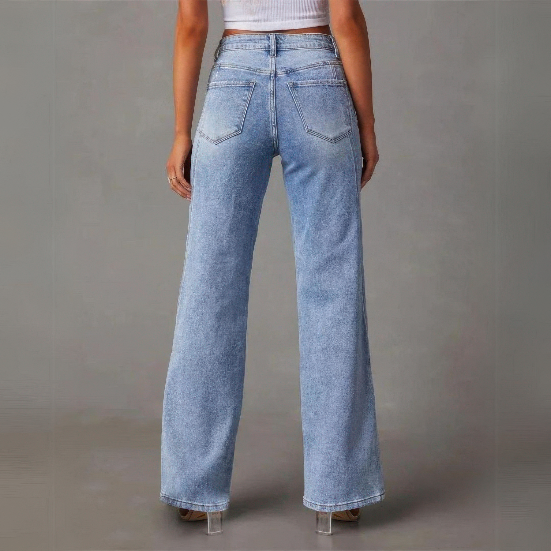 Jeans med Hög Midja för Dam, Vida Ben, Sidofickor och Dragkedja