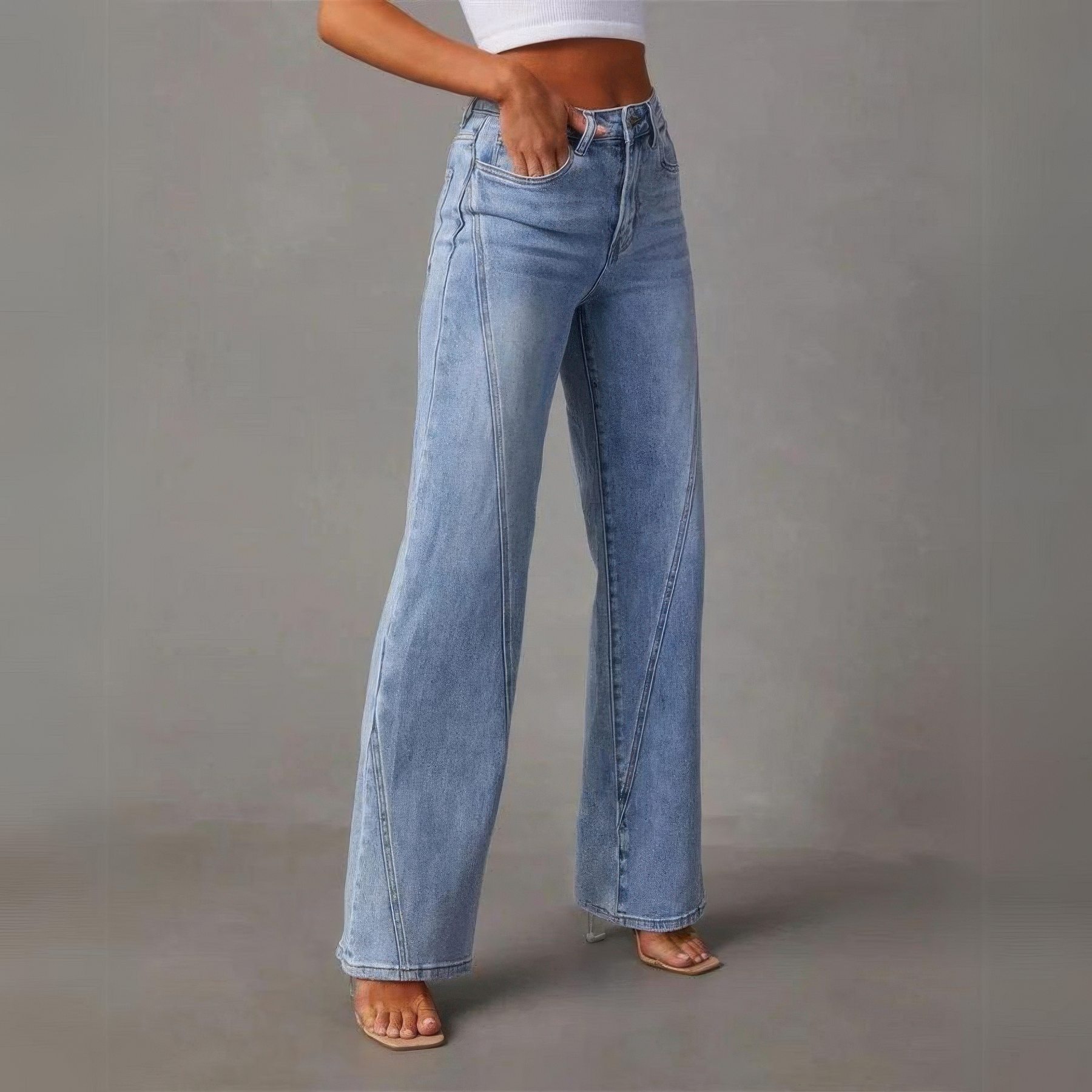 Jeans med Hög Midja för Dam, Vida Ben, Sidofickor och Dragkedja