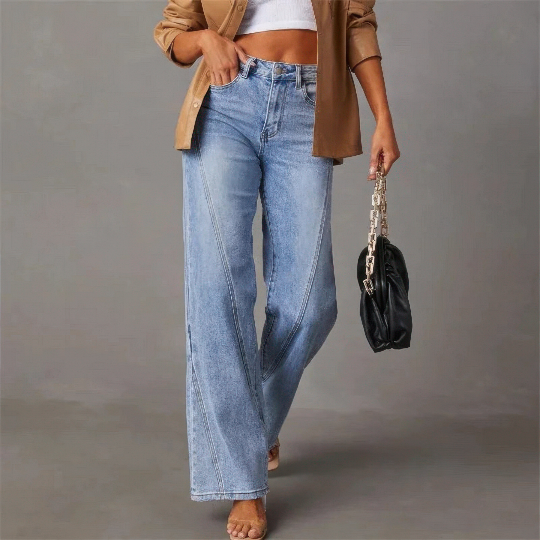 Jeans med Hög Midja för Dam, Vida Ben, Sidofickor och Dragkedja