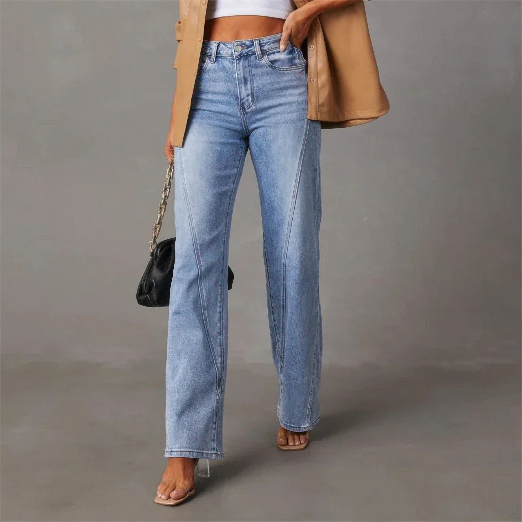 Jeans med Hög Midja för Dam, Vida Ben, Sidofickor och Dragkedja