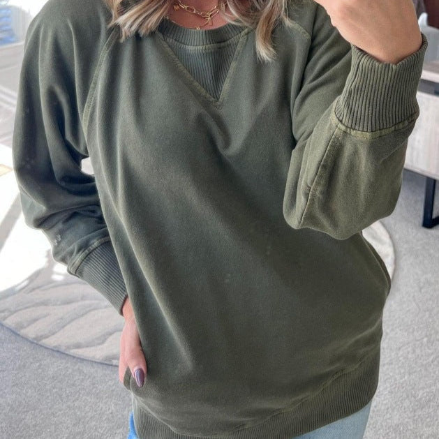 Ribbad Stickad Tröja Med Sidofickor För Kvinnor