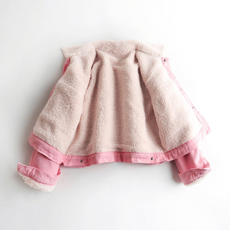 Dam Höstjeansjacka Med Lammpälsfoder, Kort Längd, Rosa