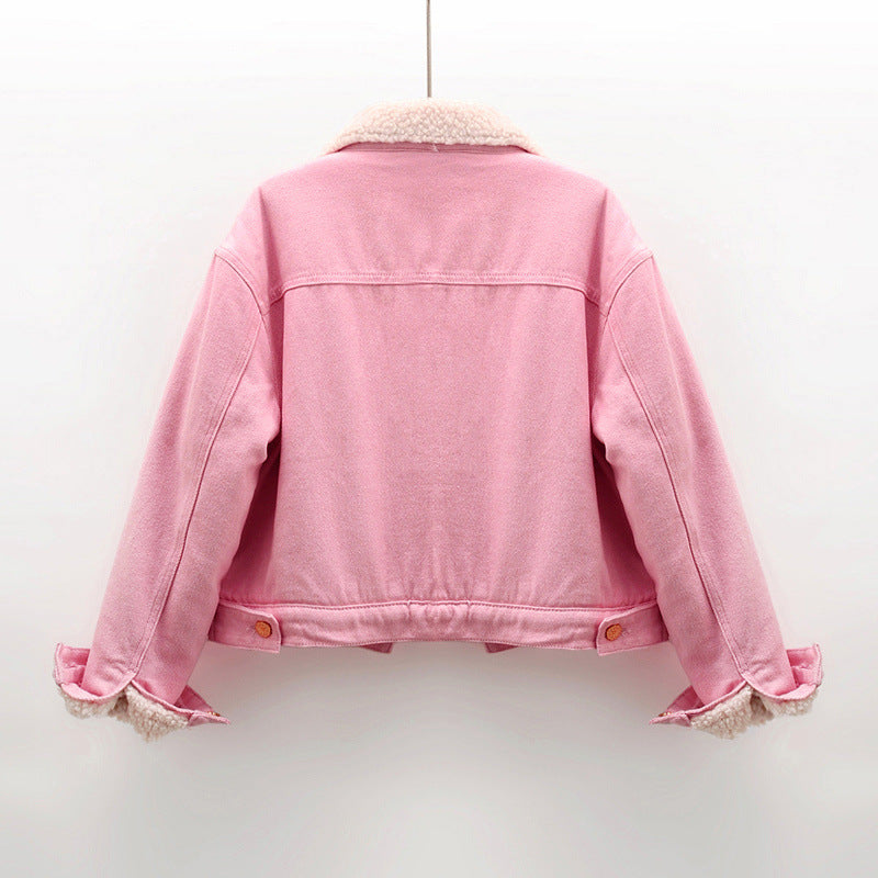 Dam Höstjeansjacka Med Lammpälsfoder, Kort Längd, Rosa