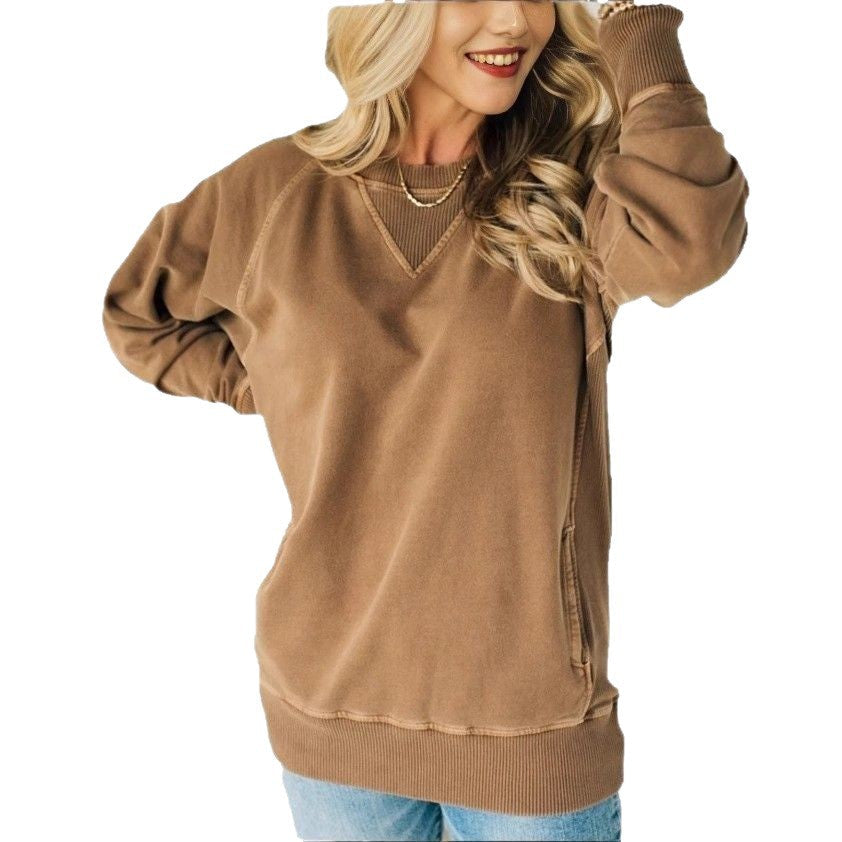 Ribbad Stickad Tröja Med Sidofickor För Kvinnor