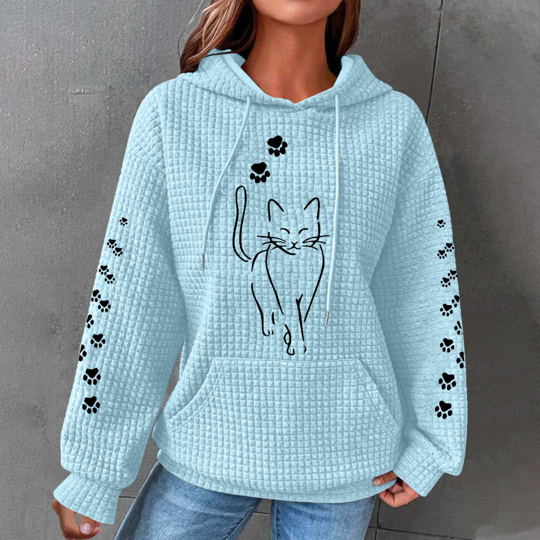 Dam Våffelstickad Pullover med Kattmotiv och Lanternärmar