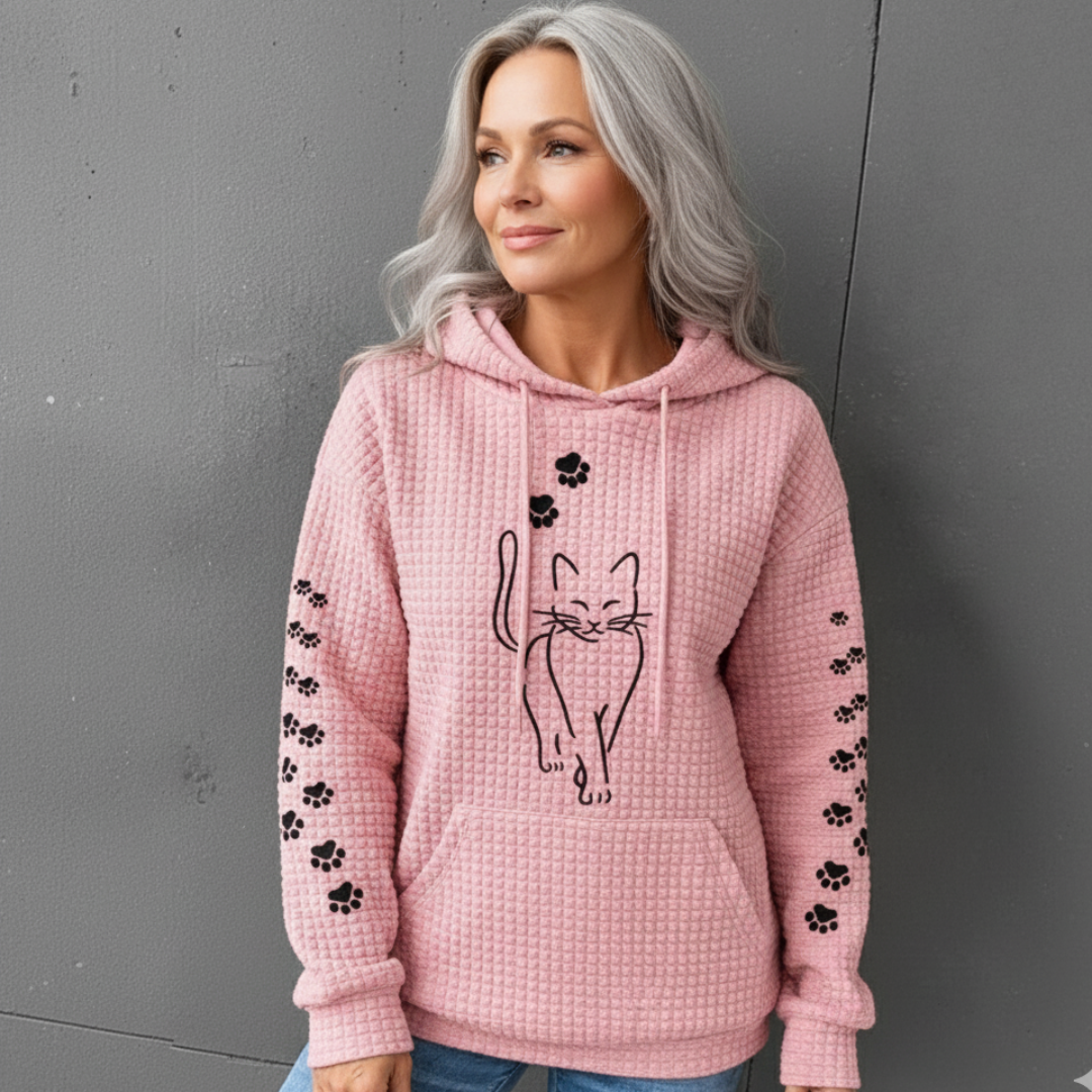 Dam Våffelstickad Pullover med Kattmotiv och Lanternärmar