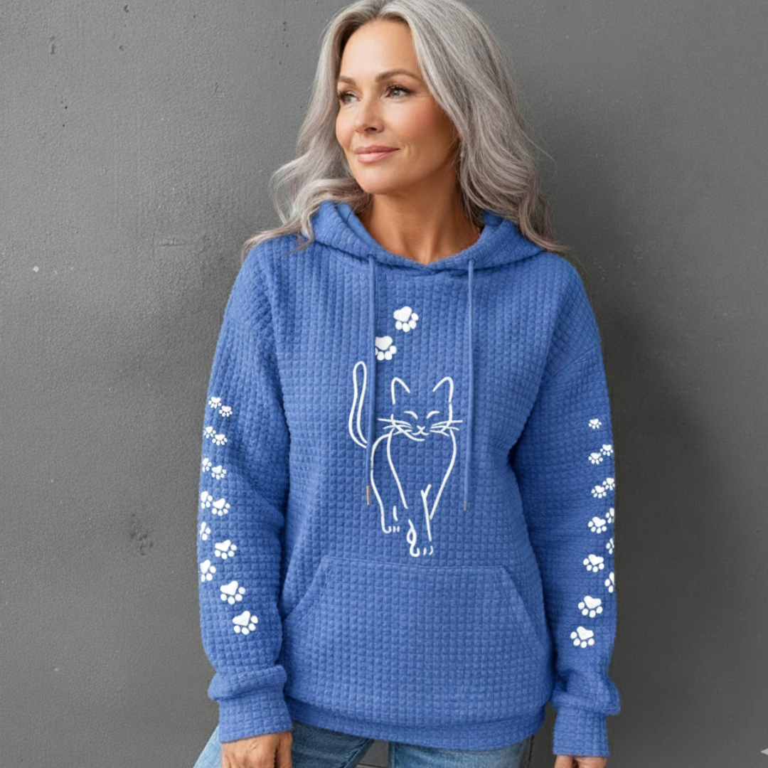 Dam Våffelstickad Pullover med Kattmotiv och Lanternärmar