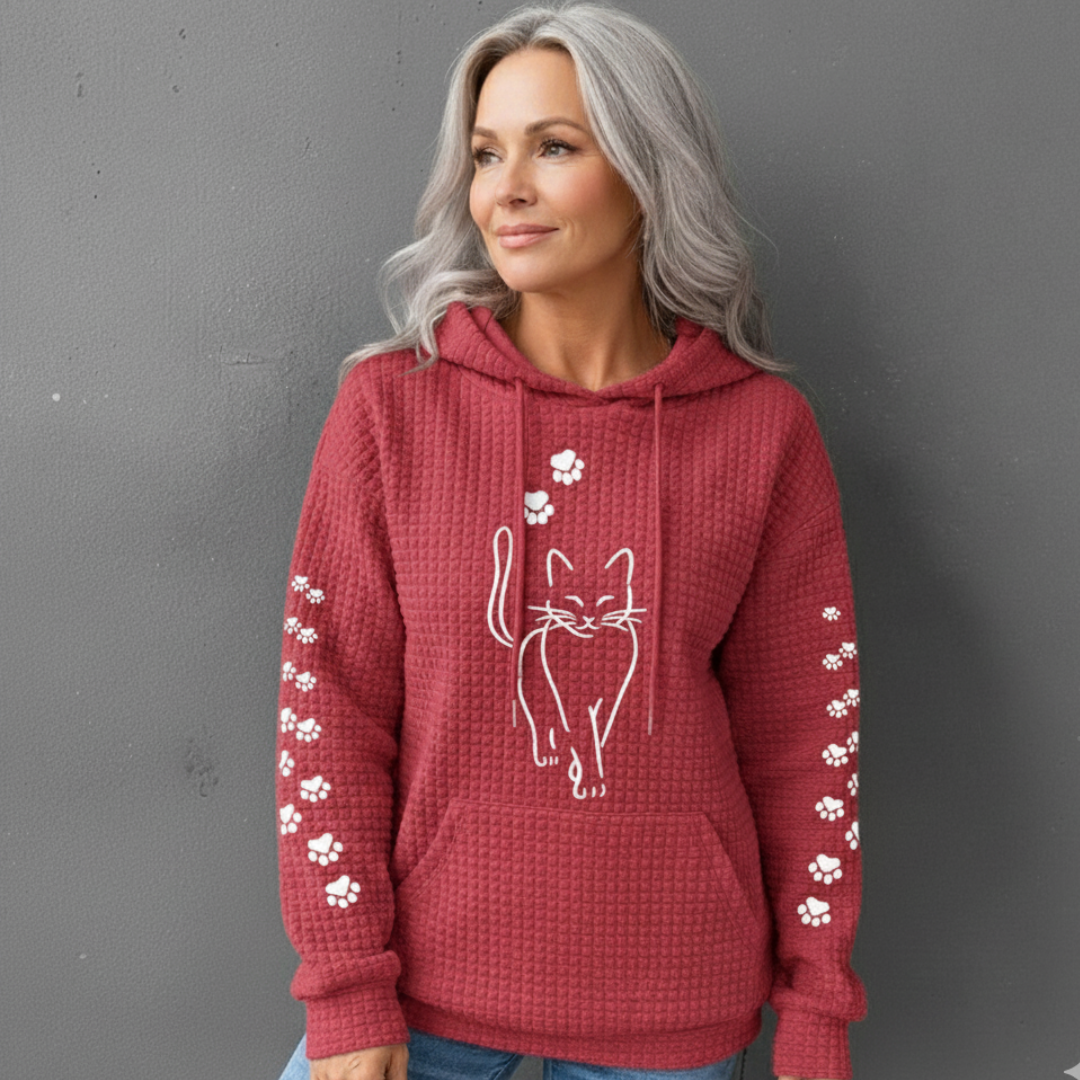 Dam Våffelstickad Pullover med Kattmotiv och Lanternärmar