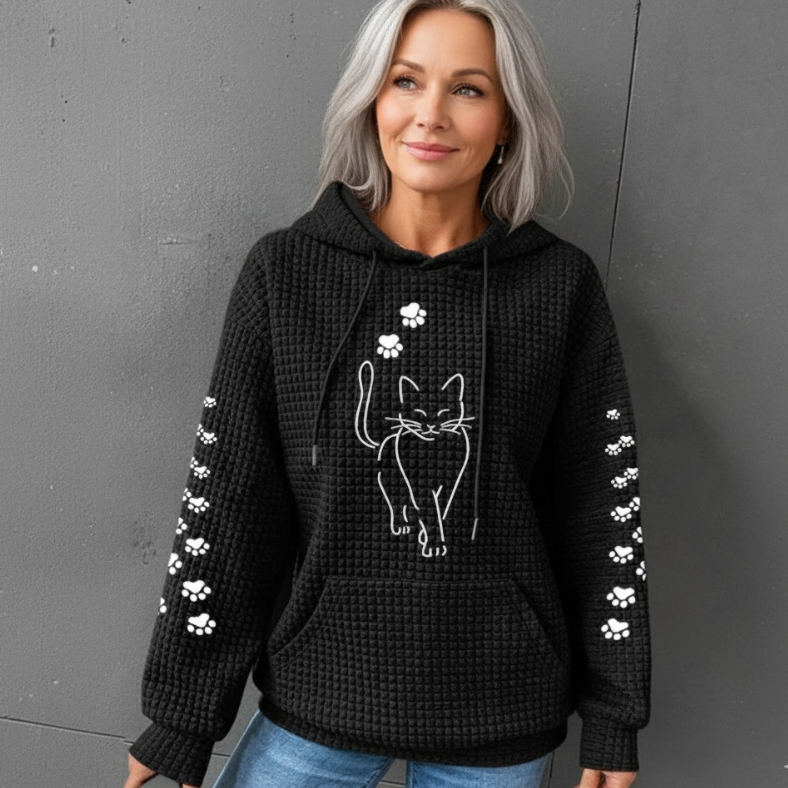 Dam Våffelstickad Pullover med Kattmotiv och Lanternärmar