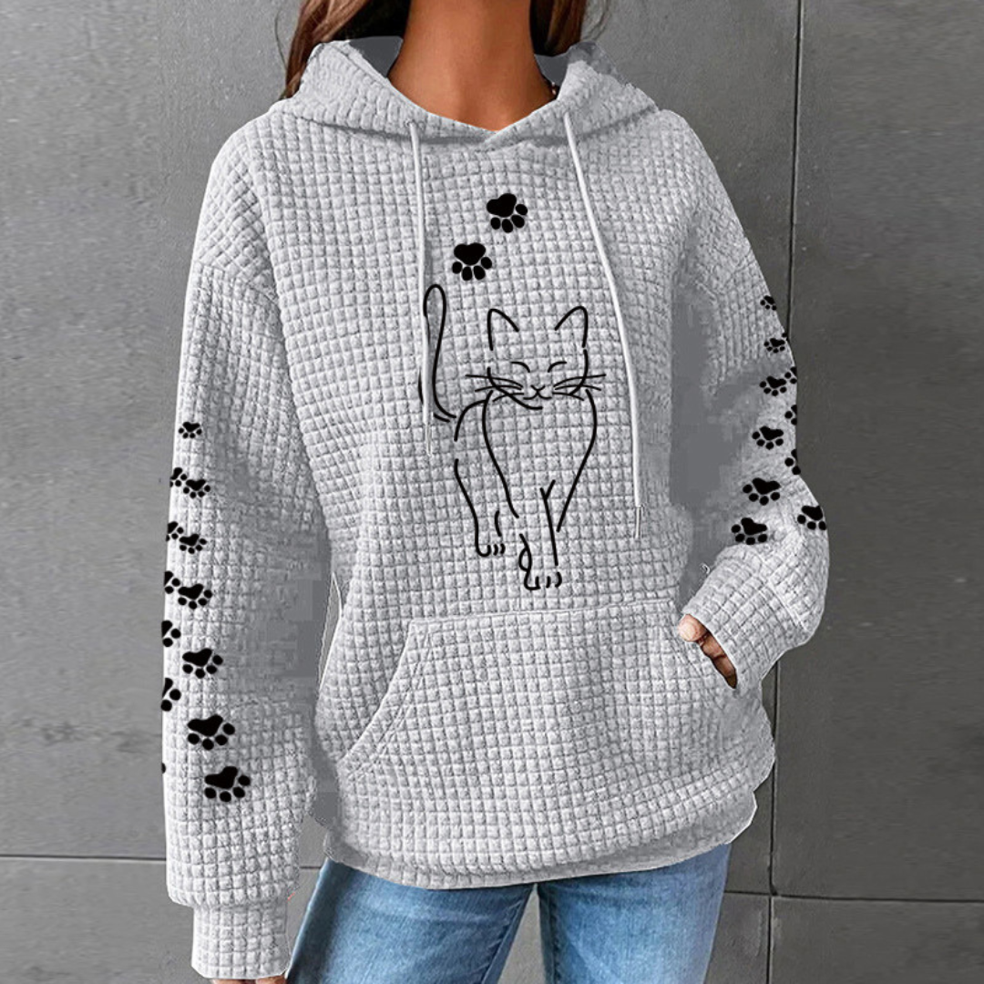 Dam Våffelstickad Pullover med Kattmotiv och Lanternärmar