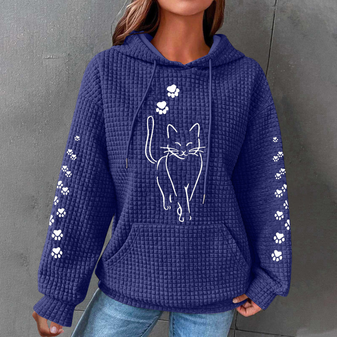 Dam Våffelstickad Pullover med Kattmotiv och Lanternärmar