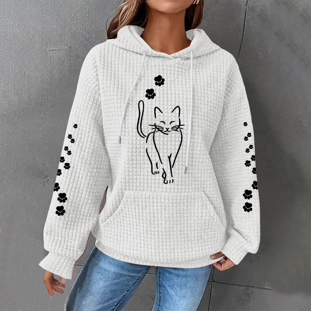 Dam Våffelstickad Pullover med Kattmotiv och Lanternärmar