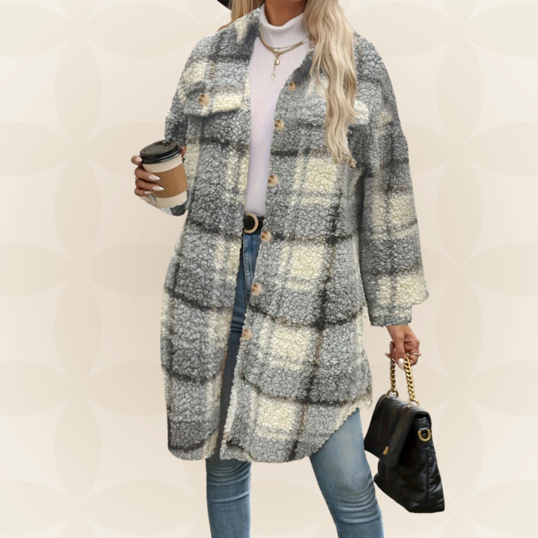 Kappa för dam höst, lång modell, rutigt teddy-utseende med knäppning