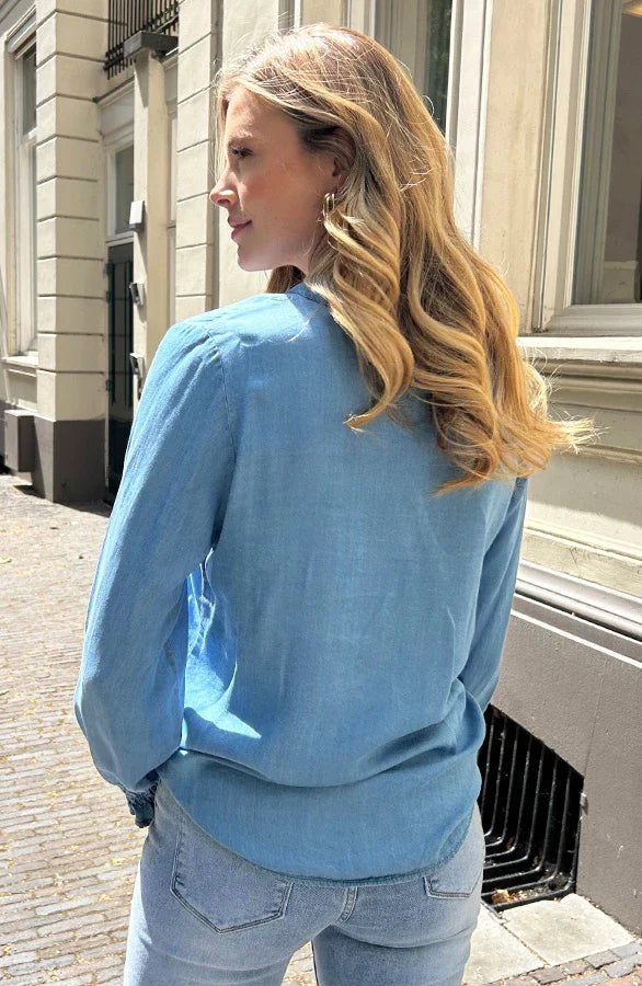 Kvinnors Denimblus Med Puffärmar Och Knäppning