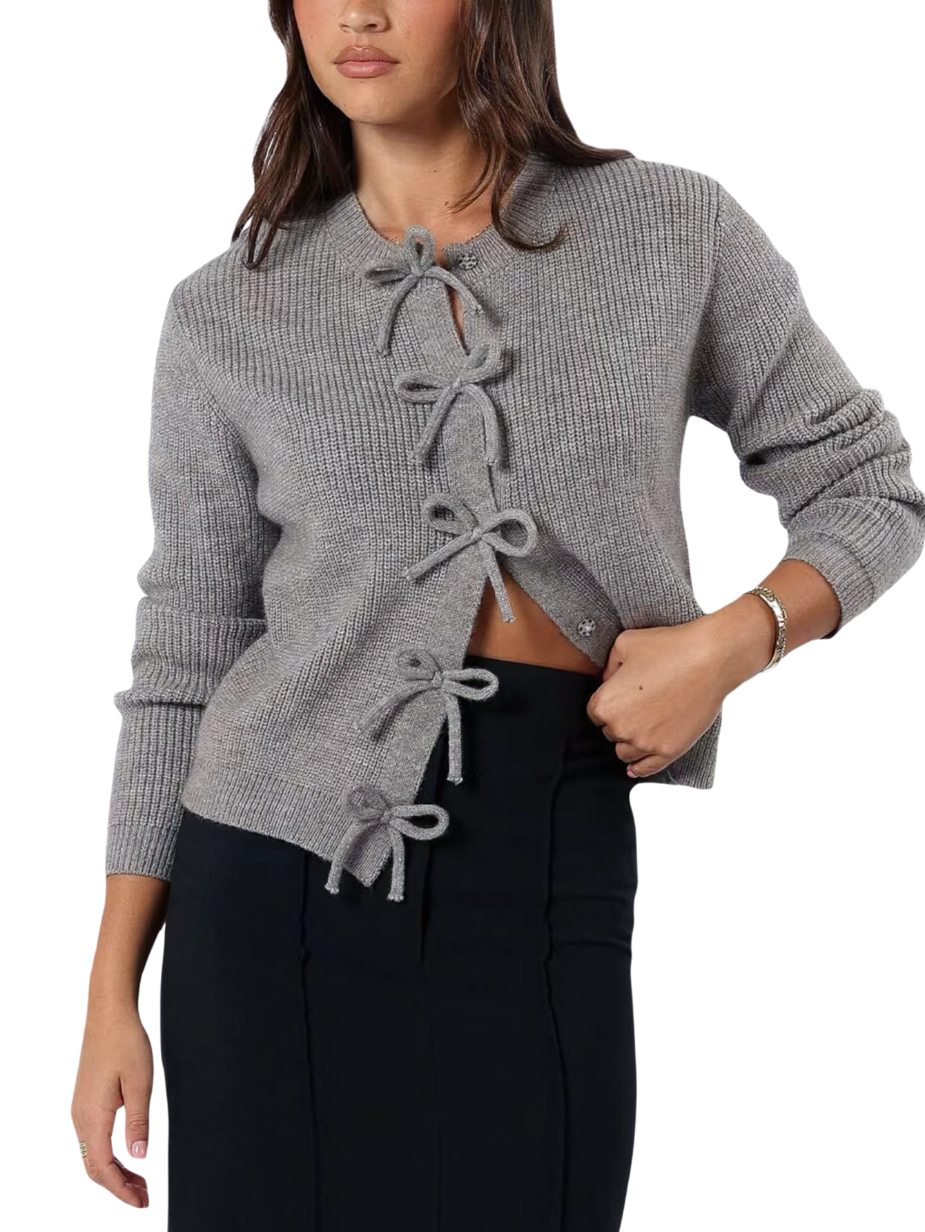 Kvinnors höstkofta med rosettdetalj, öppen front och rund halsringning