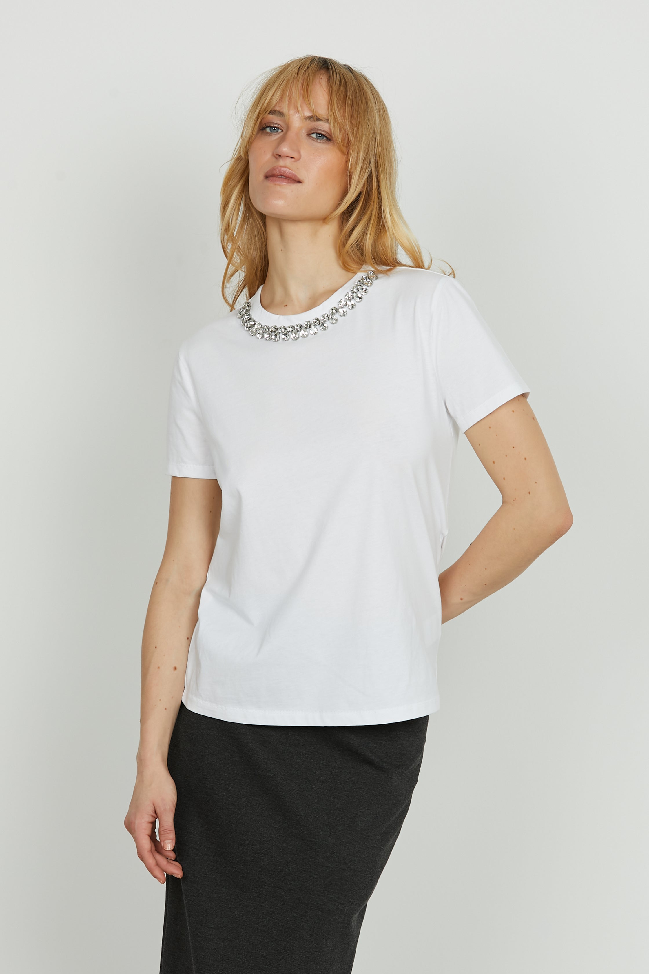 Höst-T-Shirt Med Kort äRm Och Strass-Ringning För Kvinnor