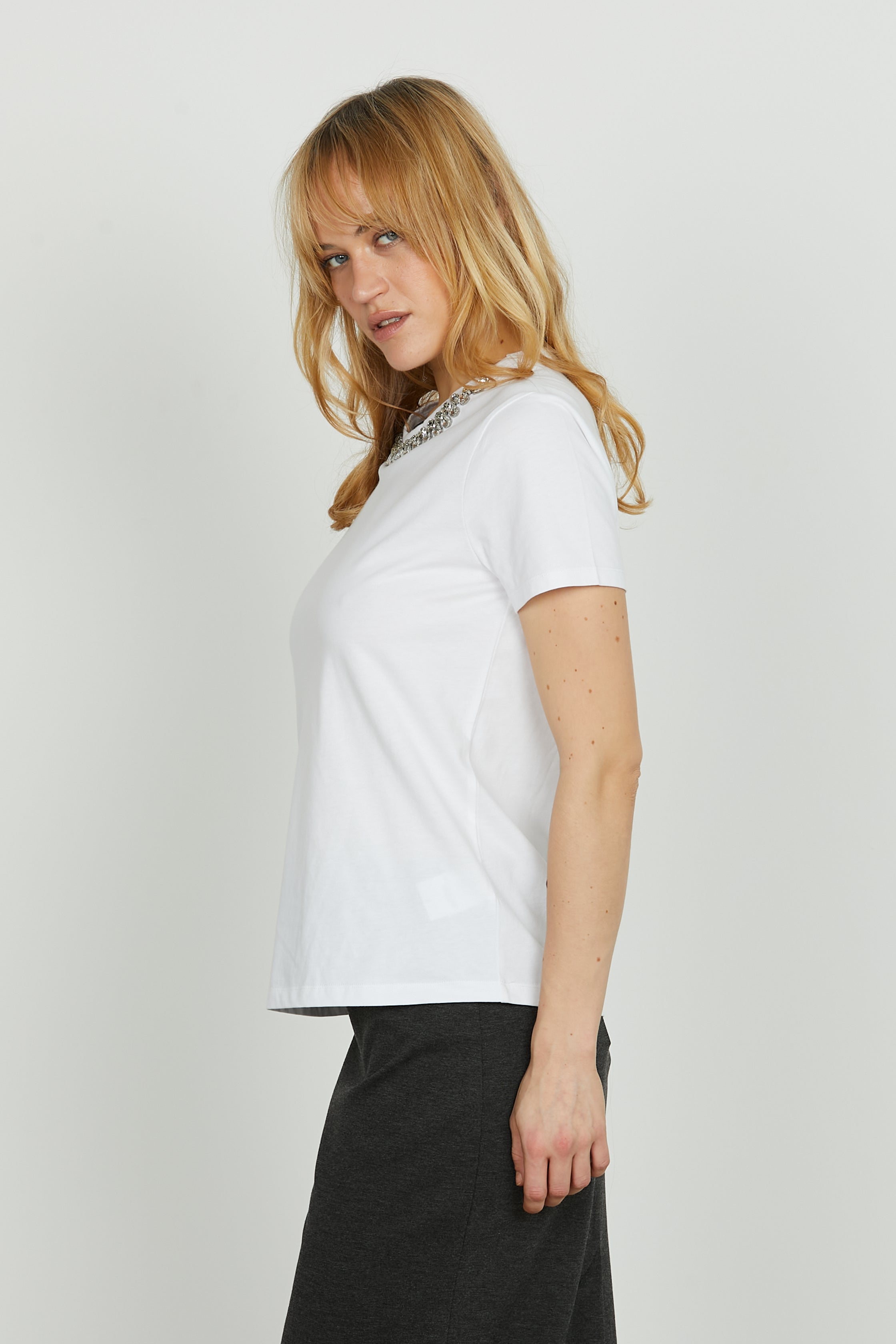 Höst-T-Shirt Med Kort äRm Och Strass-Ringning För Kvinnor