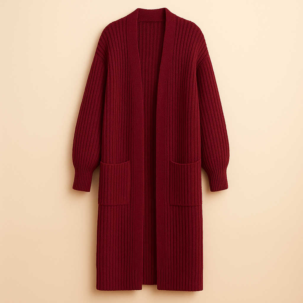 Kvinna Lång Stickad Kofta Med Öppet Framstycke Och Oversized Passform