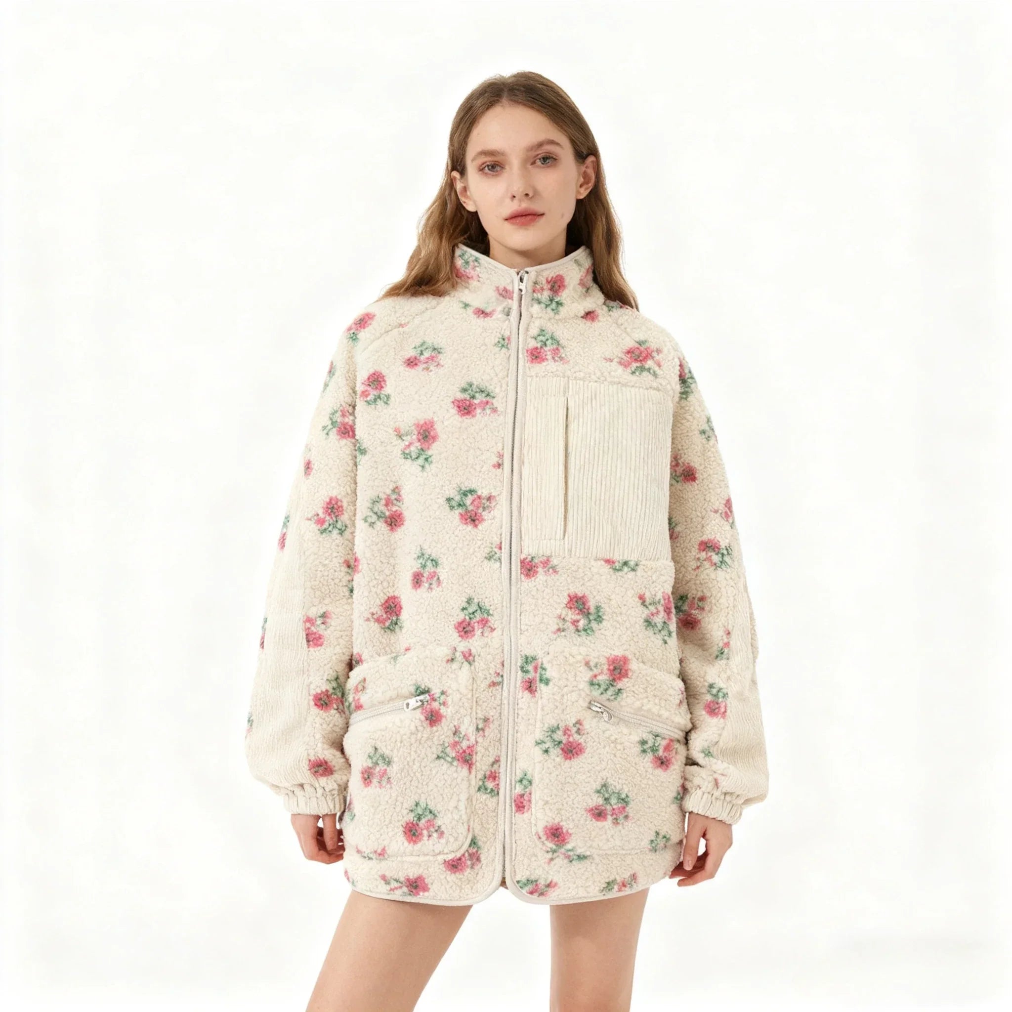 Kvinnors vinterjacka i fleece med blommönstrad struktur och mjukt foder