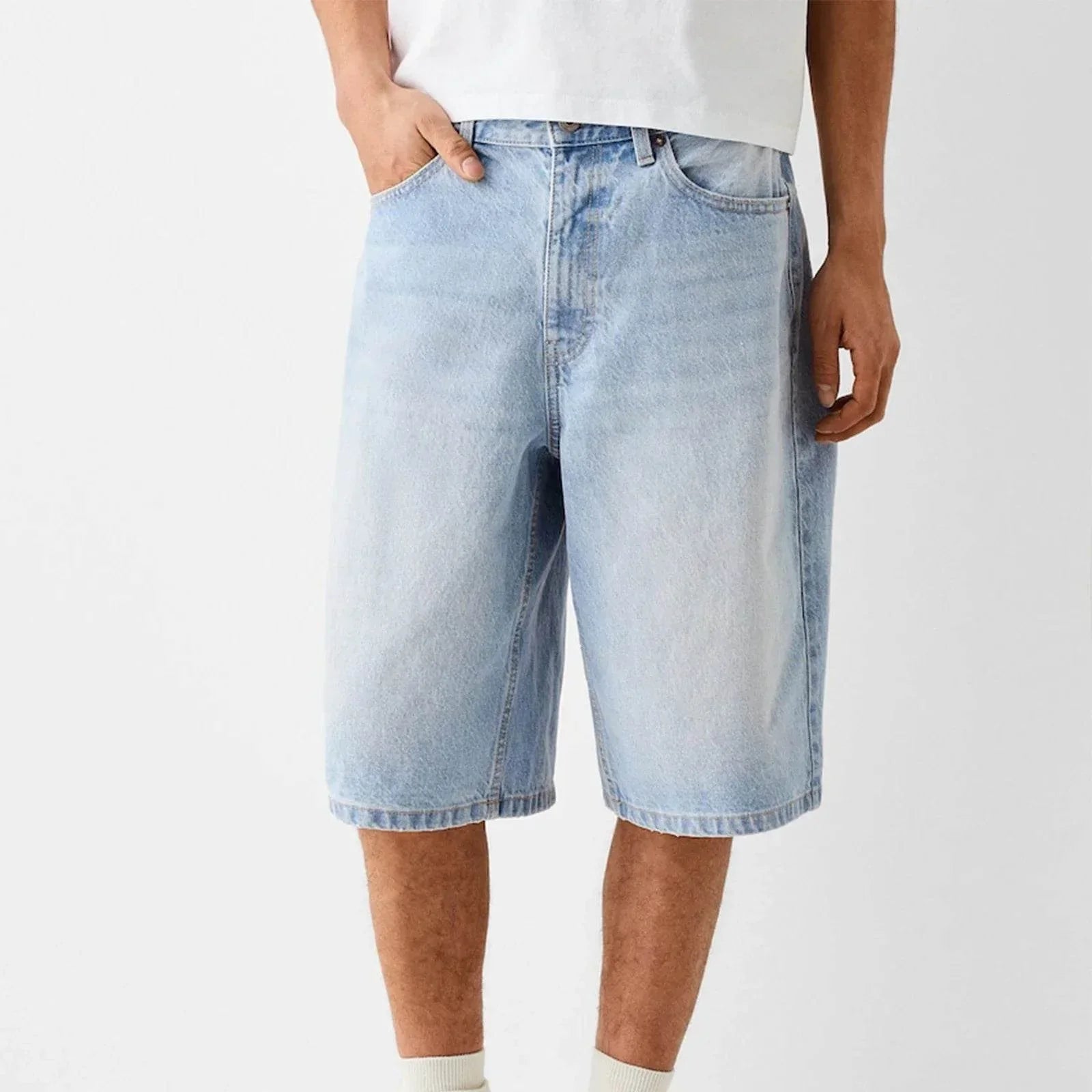 Herrshorts i Denimstil, Baggy Passform Nedanför Knät med Vintage Tvätt