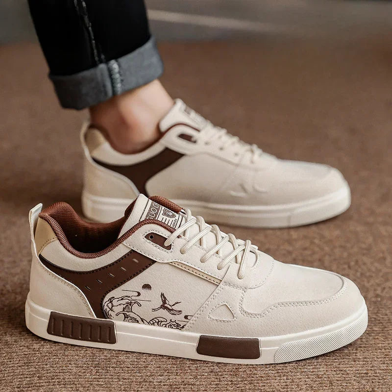 Sneakers för Herr i Cream och Brun med Våg- och Fågelsgrafik och Vadderad Innersula