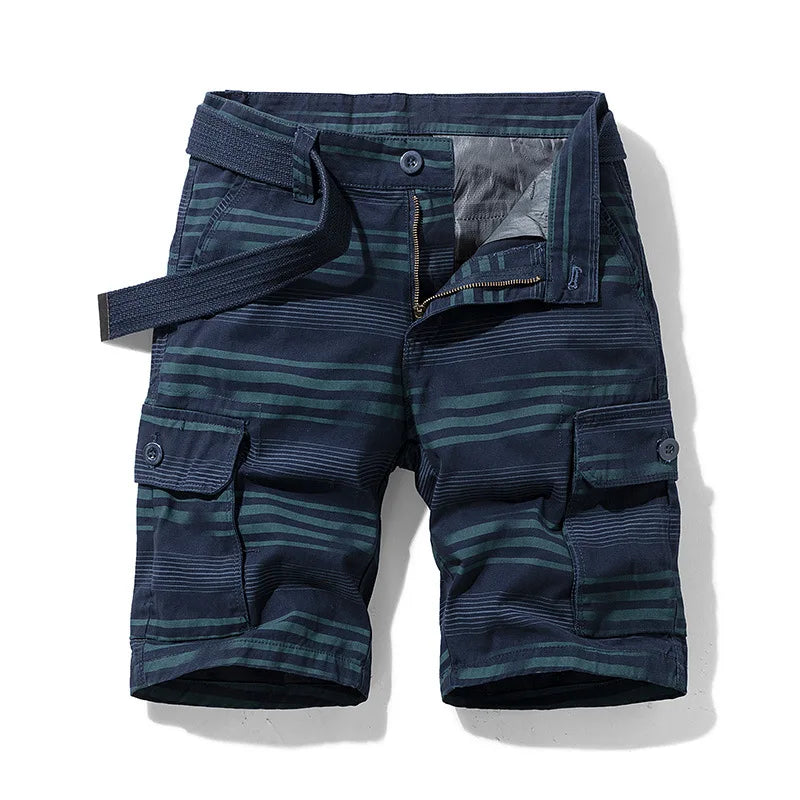 Herrshorts för Våren – Lätta Cargo Shorts med Flera Fickor och Randigt Mönster