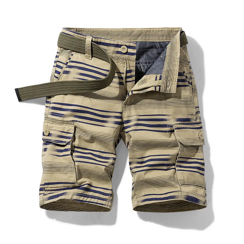 Herrshorts för Våren – Lätta Cargo Shorts med Flera Fickor och Randigt Mönster