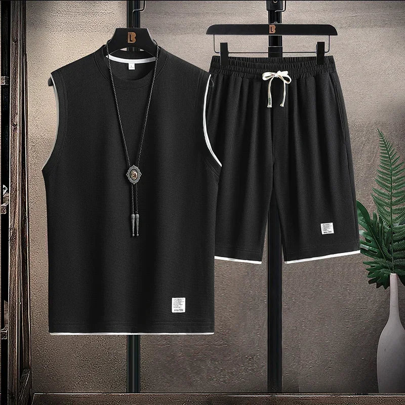 Herr Sommar Tvådelat Set Ärmlös Topp Dragsko Shorts