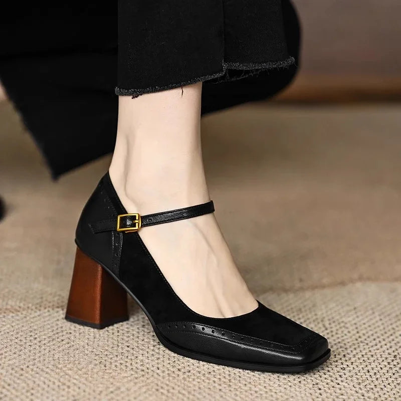Dam Pumps Med Blockklack Fyrkantig Tå Och Spänne