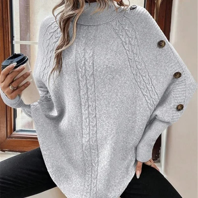 Dam Poncho Med Polokrage Kabelstickning Och Knäppbara Ärmar