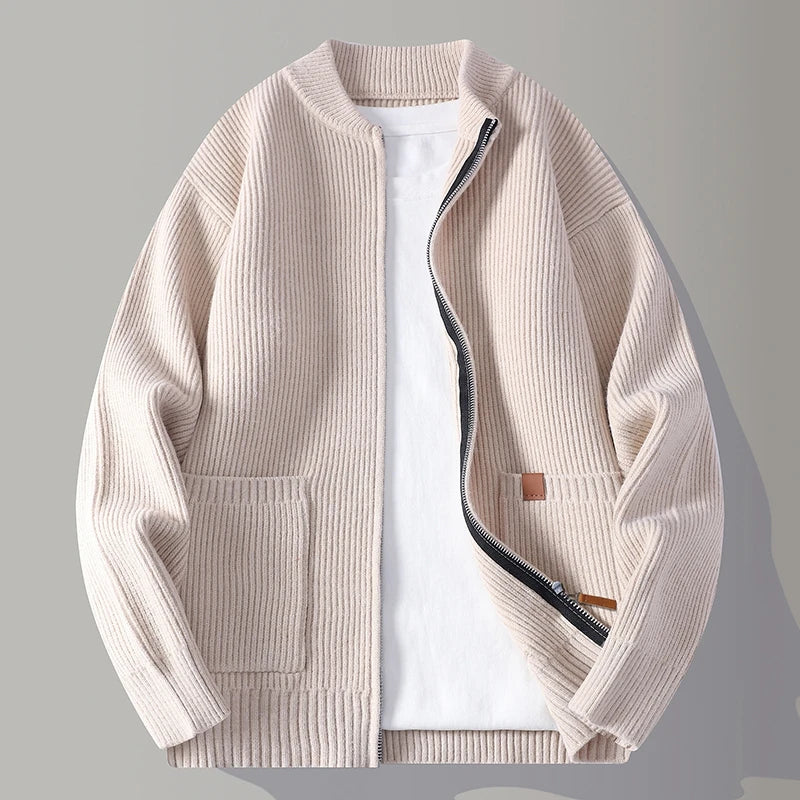 Herr Zip Cardigan Med Ribbstickning Och Framfickor