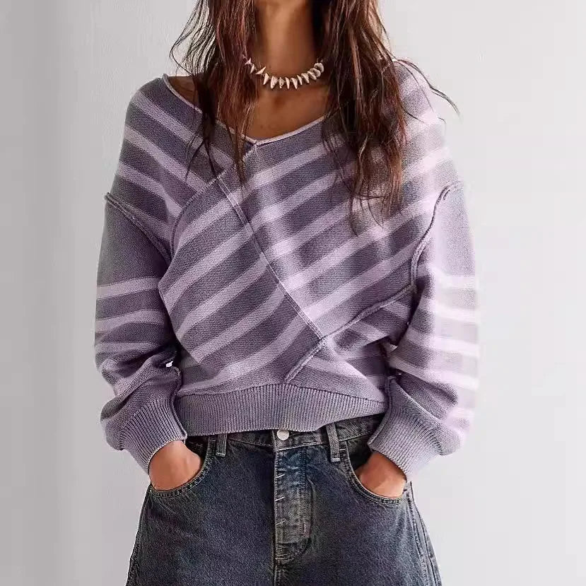 Dam Stickad Pullover Med V-ringning Slouchy Passform Och Diagonala Ränder