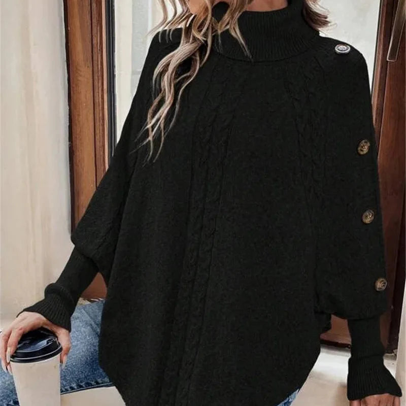 Dam Poncho Med Polokrage Kabelstickning Och Knäppbara Ärmar