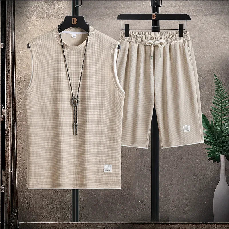 Herr Sommar Tvådelat Set Ärmlös Topp Dragsko Shorts