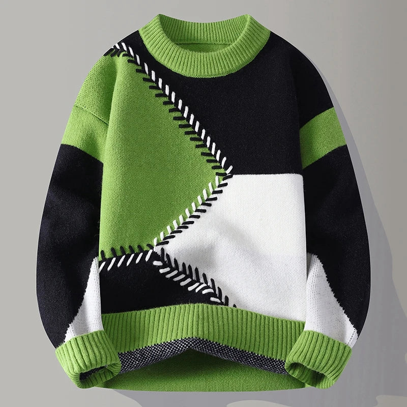 Herr Pullover Med Geometrisk Färgblockering Och Ribbad Nederkant