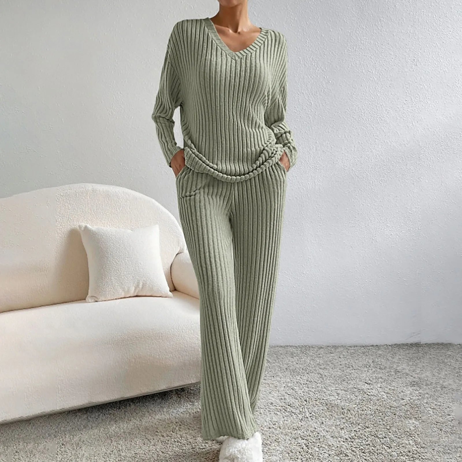 Dam Stickat Tvådelat Set Loungewear Med Elastisk Midja