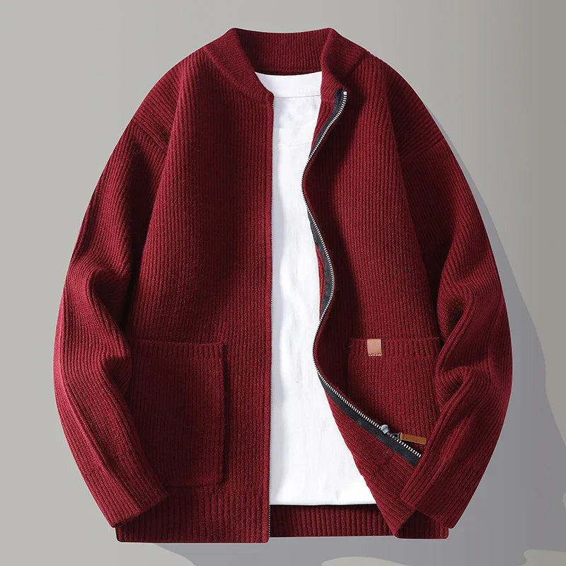 Herr Zip Cardigan Med Ribbstickning Och Framfickor