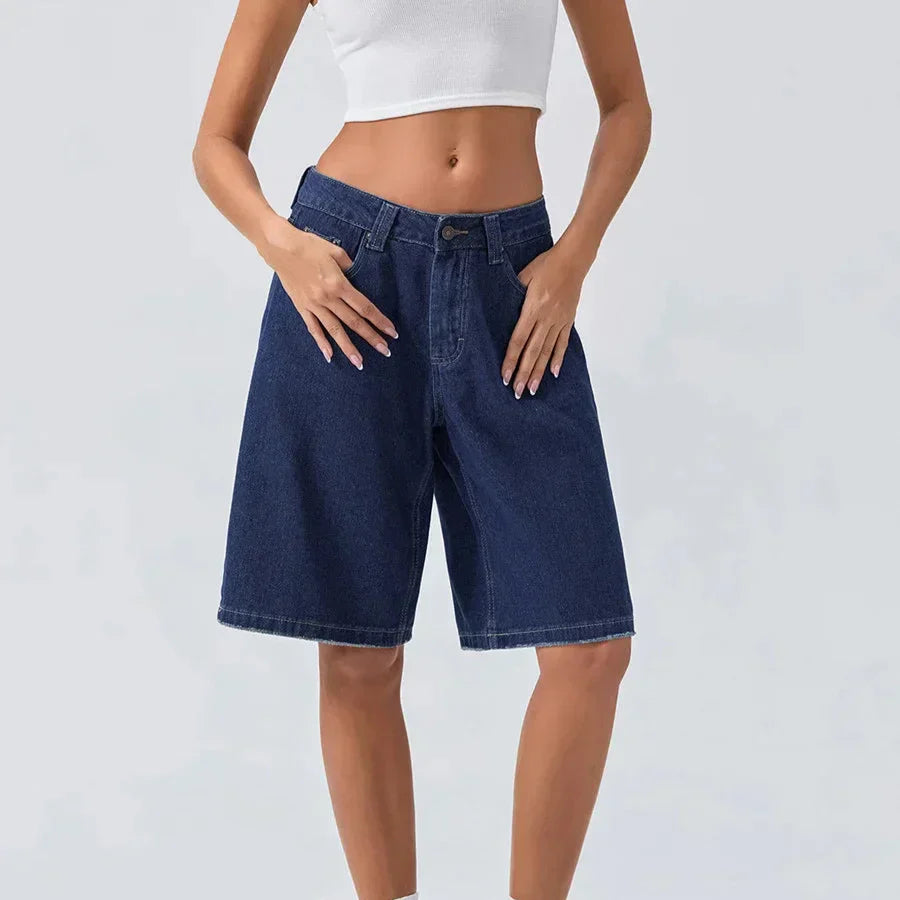 Dam Låg Midja Jeansshorts Avslappnad Passform Vintage Stil