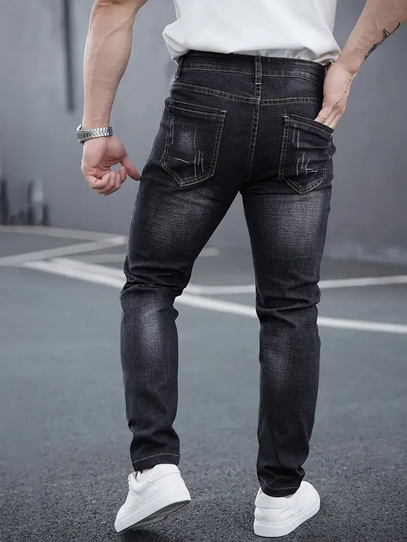 Herr Jeans med Avsmalnande Passform, Medelhög Midja, Lätt Urblekta Lår, Knappgylf