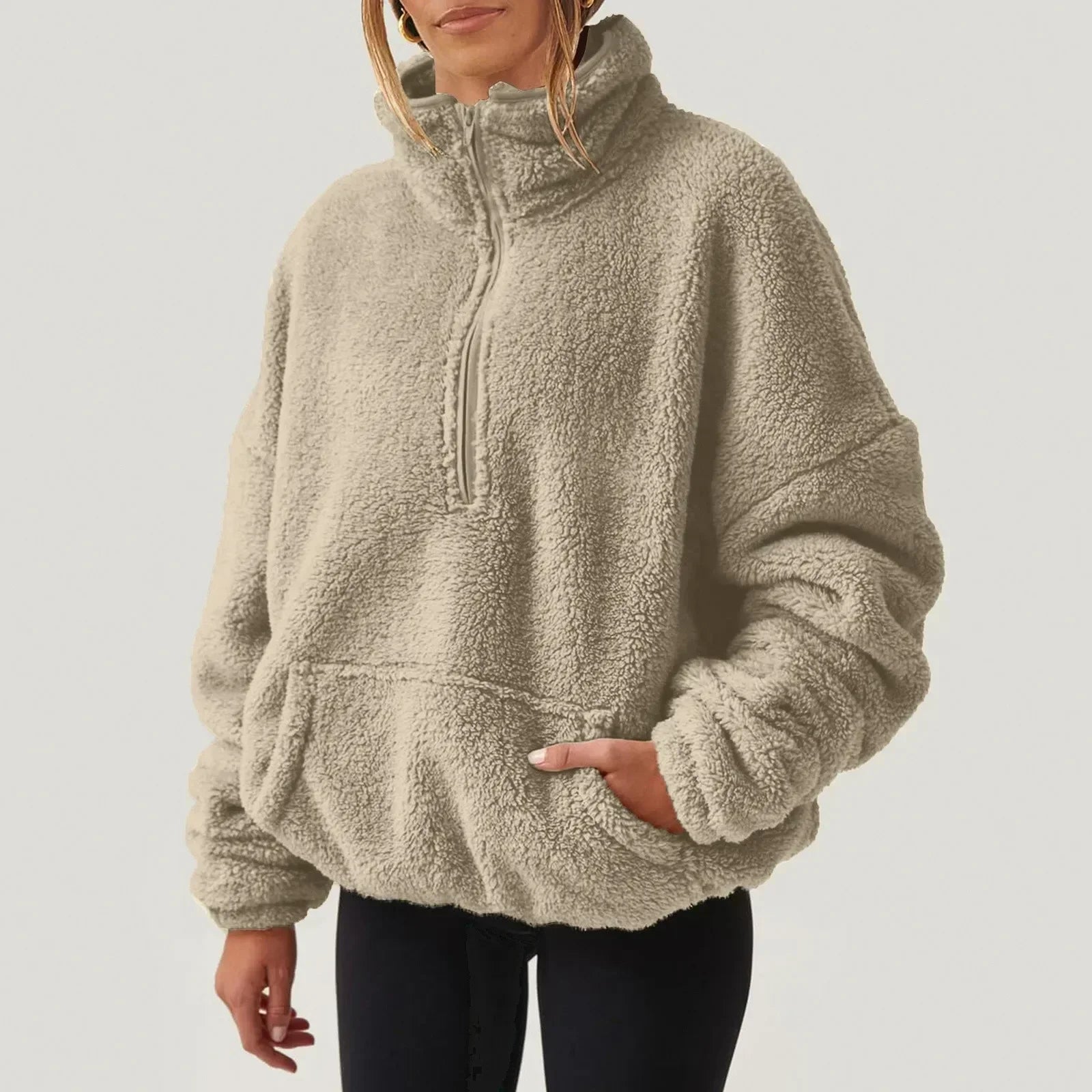 Kvinnors Halvzip-tröja med Krage, Lång ärm, Avslappnad Passform och Elastisk Midja