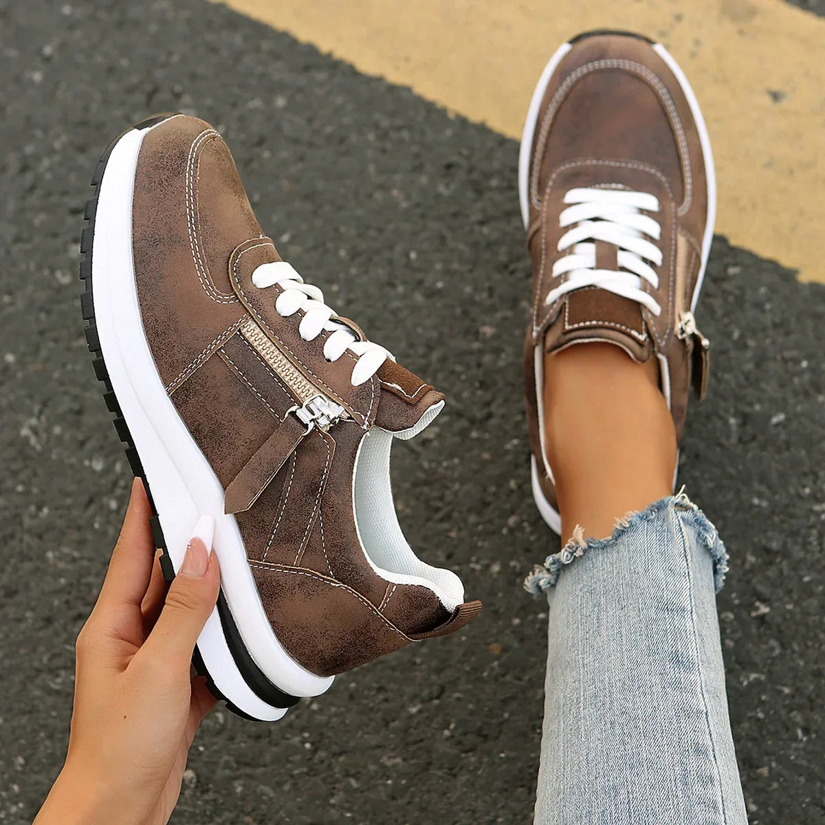 Dam Sneakers Platå Snörning Sidodragkedja Sula