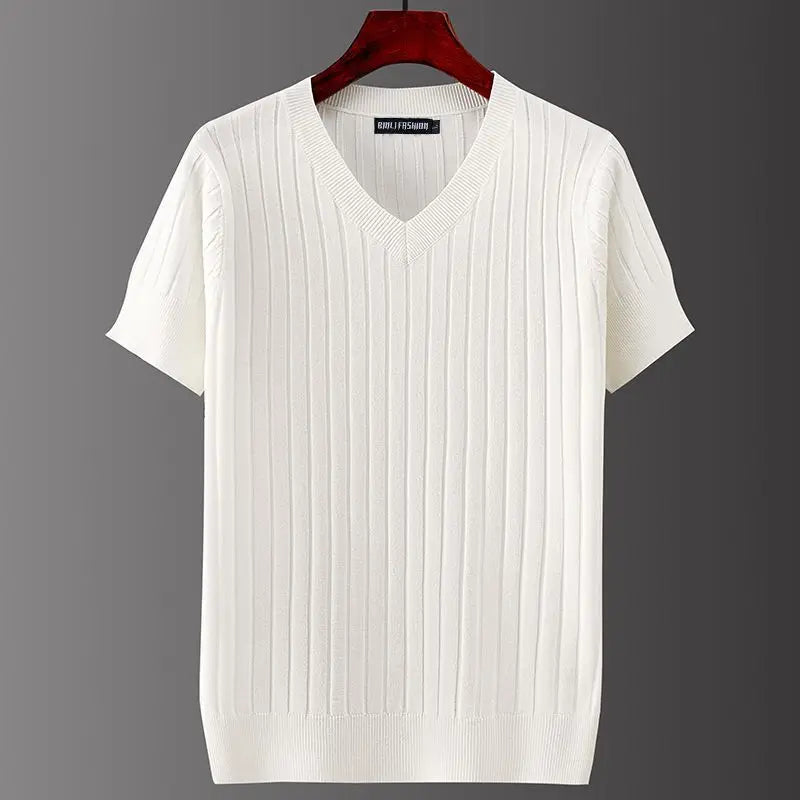 Herr V-Ringad Stickad T-Shirt Klassisk Passform