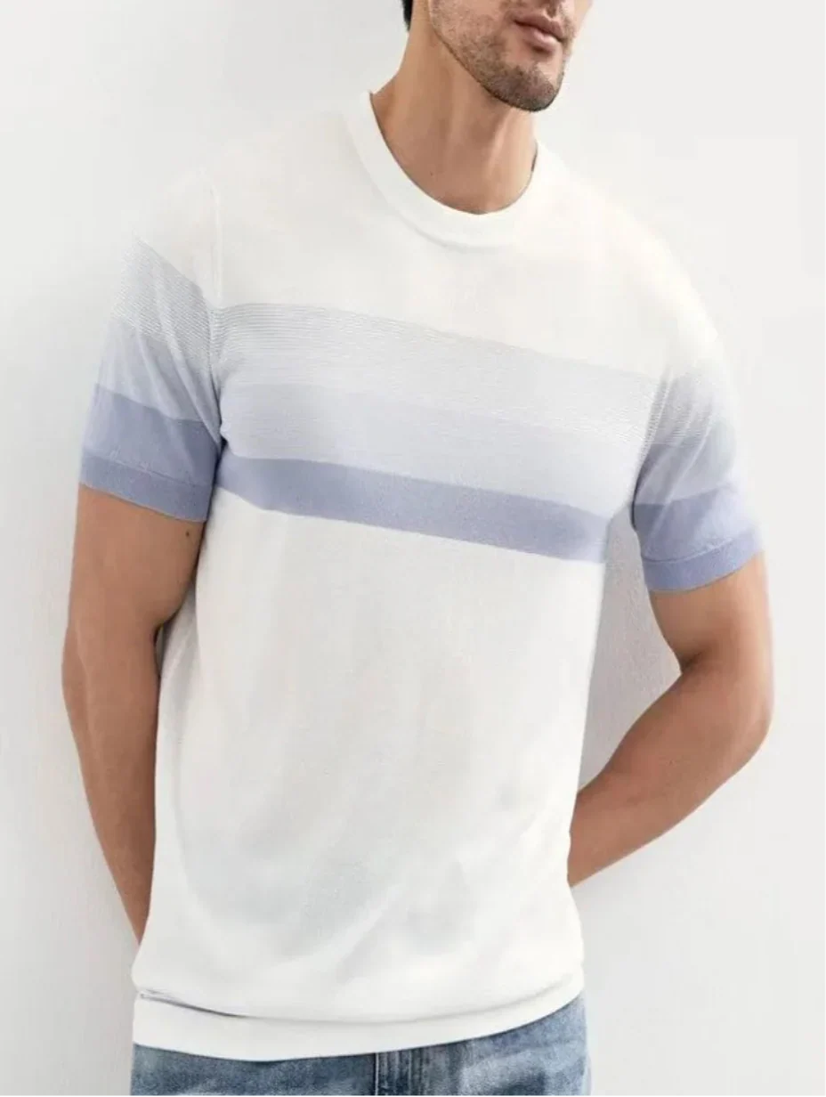Herr T-shirt Randig Stickad Kort Ärmlängd Regular Fit