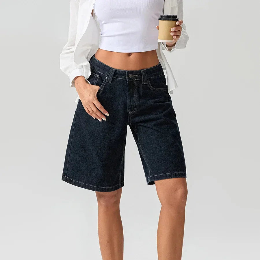 Dam Låg Midja Jeansshorts Avslappnad Passform Vintage Stil